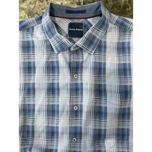 Tommy Bahama mens long sleeve button up shirt 3XL blue plaid cotton silk casual